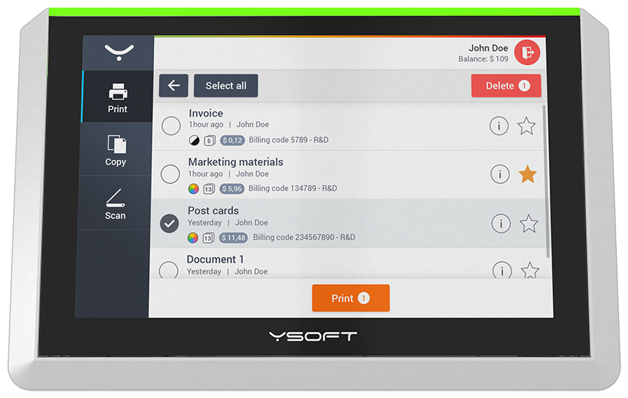 A YSoft Terminal Pro 4 external terminal showing the print release screen